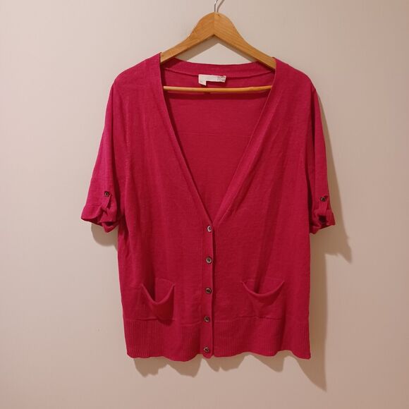 Eileen Fisher Magenta Pink Short Sleeve 100% Linen Knit Cardigan - Size XL - Picture 1 of 6